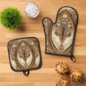 Gouden Versierd Ovenwant & Pannenlap Set (Top down)