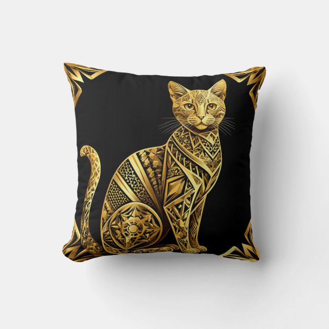 Gouden Versierde Kat Illustratie Kussen (Voorkant)