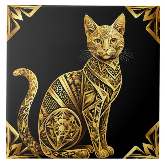 Gouden Versierde Kat Illustratie Tegeltje (Voorkant)