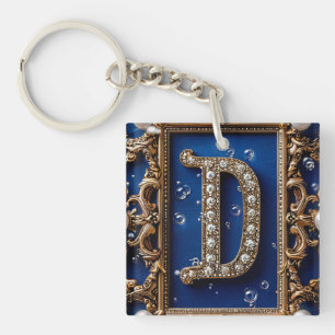 Gouden Versierde Letter D met Edelstenen Sleutelhanger