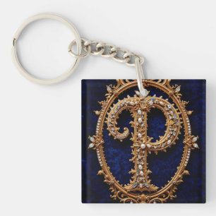 Gouden Versierde Letter 'P' op Elegant Fluwelen Sleutelhanger