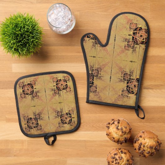 Gouden Verstrengeling Oven Mitt en Pot Houders Ovenwant & Pannenlap Set (Top down)