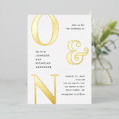 Gouden vette typografie moderne bruiloft + details folie uitnodiging (Staand Voorkant)