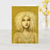 Gouden Victoriaans Gotisch Meisje Groeten Kaart (Gele Bloem)