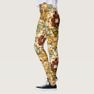 Gouden Victoriaanse bloemendamask met salie Leggings