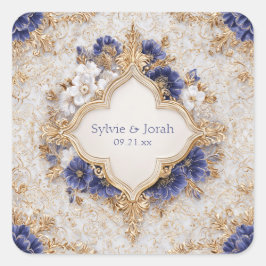 Gouden Vierbladige Frame Indigo Blauw Witte Bloeme Vierkante Sticker