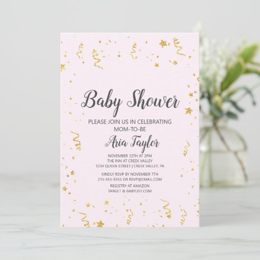 Gouden Viering op Roze Kalligrafie Baby shower Kaart (Staand voorkant)