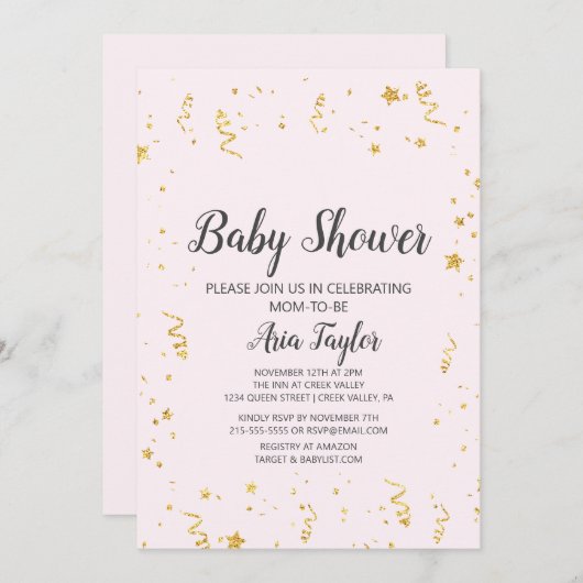 Gouden Viering op Roze Kalligrafie Baby shower Kaart (Voorkant / Achterkant)