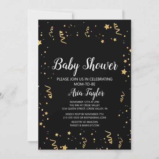 Gouden Viering op Zwart Kalligrafie Baby shower Kaart (Voorkant)