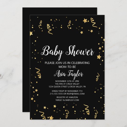 Gouden Viering op Zwart Kalligrafie Baby shower Kaart (Voorkant / Achterkant)