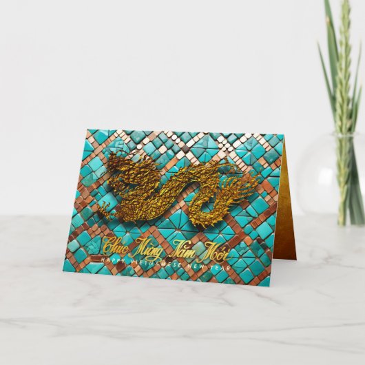 Gouden Vietnamese Draak Jaar 2024 Mozaïek GC Feestdagen Kaart (Voorkant)