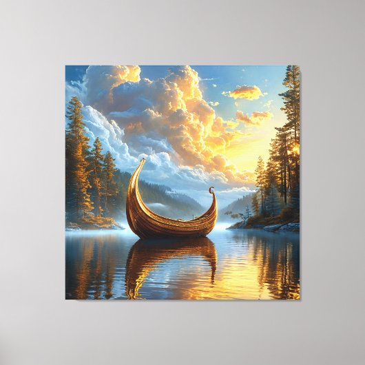 Gouden Viking-geïnspireerde boot rust op Mystic La Canvas Afdruk (Voorkant)