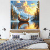 Gouden Viking-geïnspireerde boot rust op Mystic La Canvas Afdruk (Insitu (Slaapkamer))