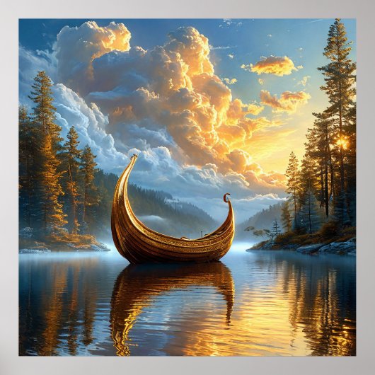 Gouden Viking-geïnspireerde boot rust op Mystic La Poster (Voorkant)