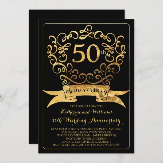 Gouden Vintage 50ste huwelijksjubileum uitnodiging (Voorkant / Achterkant)