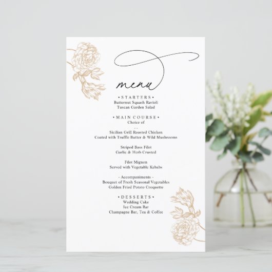 Gouden Vintage Bloem Moderne Script Bruiloftsmenu (Staand voorkant)
