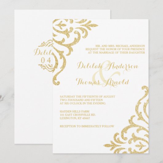 Gouden Vintage Glamour Elegantie Trouwuitnodiging Kaart (Voorkant / Achterkant)