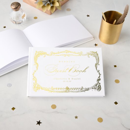 Gouden vintage kader klassiek script bruiloft gastenboek (Voorkant open)