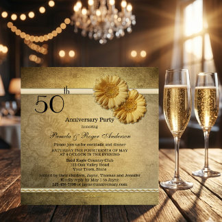 Gouden Vintage Madeliefjes Bloemen Jubileum Uitnod Kaart