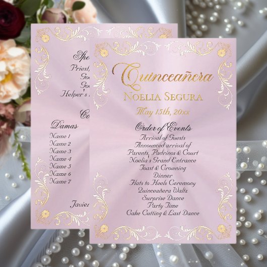 Gouden Vintage Rand Quinceanera - Pastel Roze Programmakaart