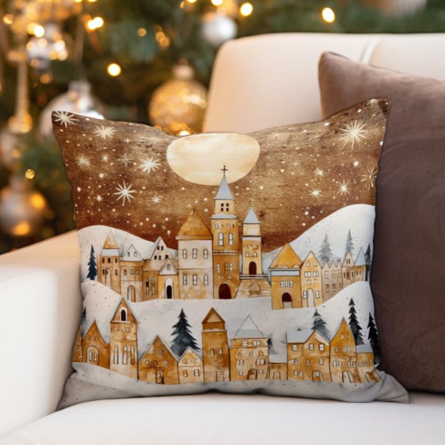 Gouden Vintage Sneeuw Bedekt Dorp Kussen (Elegant gold and white snow-covered village Christmas pillow)