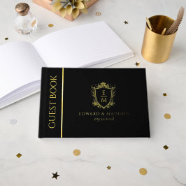 Gouden Vintage Wedding Crest Monogrammen op Zwart Gastenboek