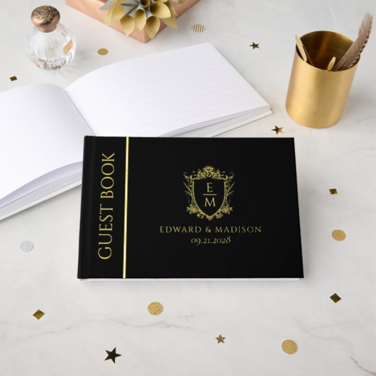Gouden Vintage Wedding Crest Monogrammen op Zwart Gastenboek (Voorkant open)