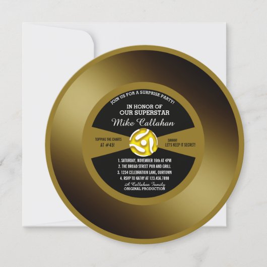 Gouden Vinyl 45 Surprise Party Kaart (Voorkant)