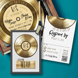 Gouden Vinyl Plaat Huwelijksuitnodiging RSVP Kaartje