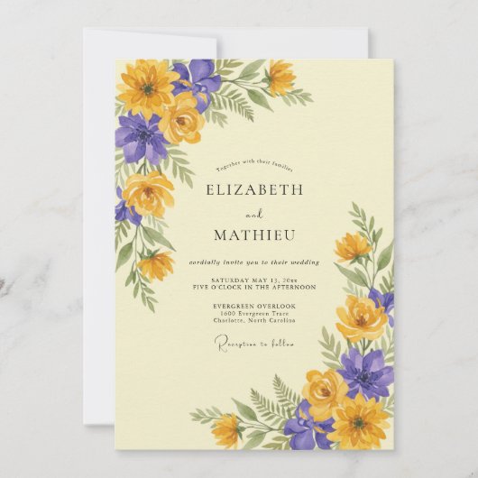 Gouden Violette Ranunculus Eucalyptus Bruiloft Kaart (Voorkant)