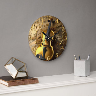  gouden viool op gouden muziekkoorden, grote klok