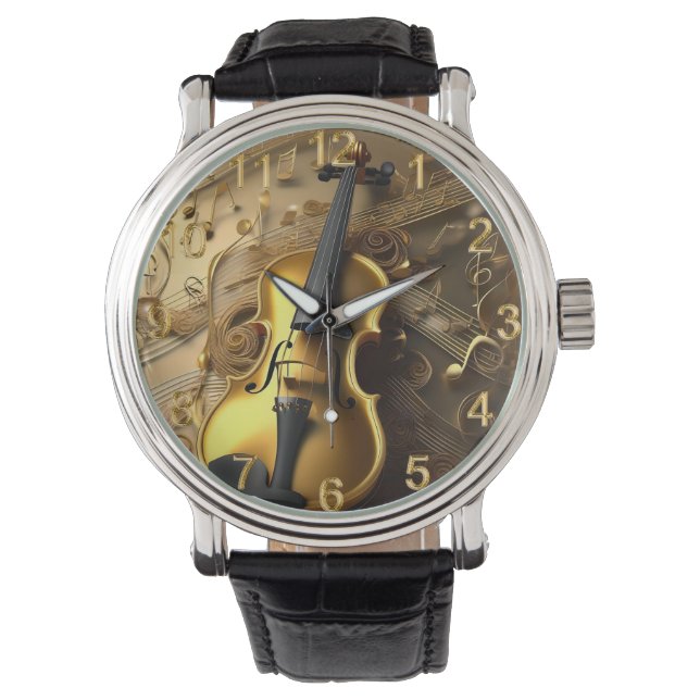  gouden viool op gouden muziekkoorden, horloge (Voorkant)