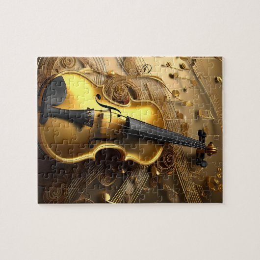 gouden viool op gouden muziekkoorden, legpuzzel (Horizontaal)