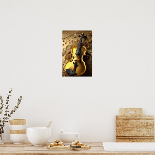  gouden viool op gouden muziekkoorden, poster (Keuken)