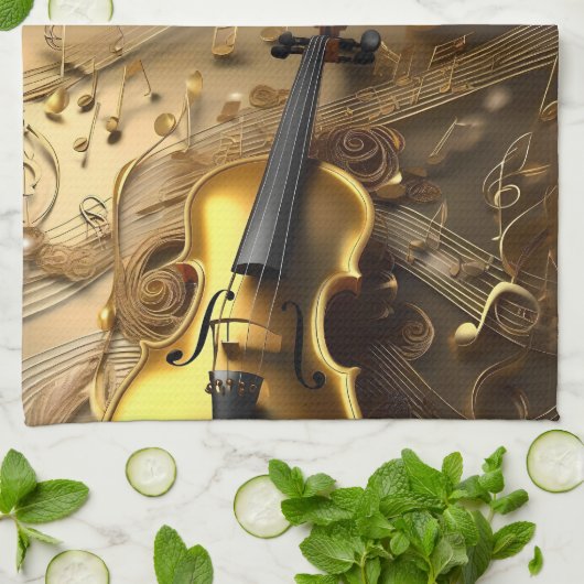  gouden viool op gouden muziekkoorden, theedoek (Gevouwen)