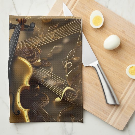  gouden viool op gouden muziekkoorden, theedoek (Quarter Fold)