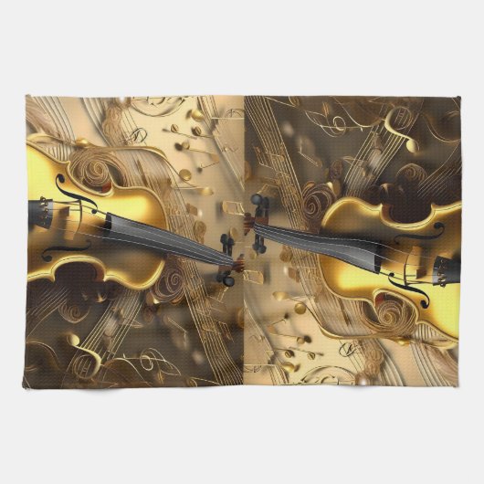  gouden viool op gouden muziekkoorden, theedoek (Horizontaal)