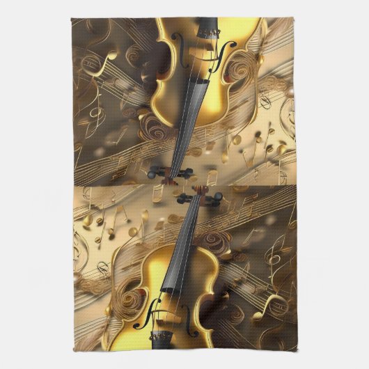  gouden viool op gouden muziekkoorden, theedoek (Verticaal)