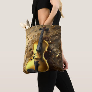  gouden viool op gouden muziekkoorden, tote bag