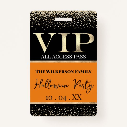 Gouden VIP op Sinaasappel en Zwart Halloween Party Badge (Voorkant)