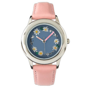 Gouden Vis & Daisy Roze Leren Horloge