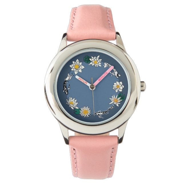Gouden Vis & Daisy Roze Leren Horloge (Voorkant)