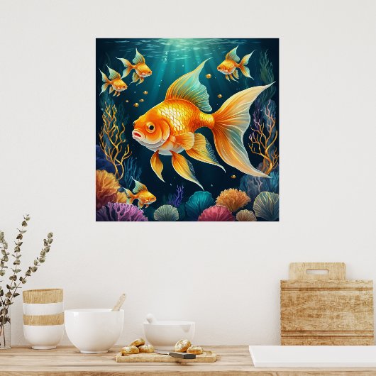 Gouden vis onder water poster (Keuken)