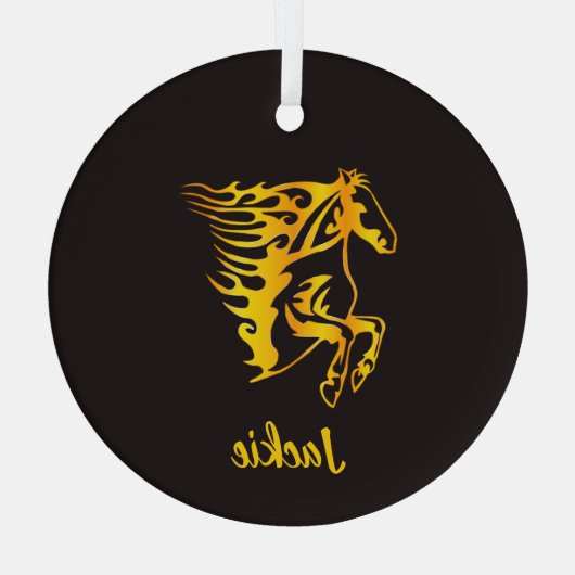 Gouden vlam paard met aangepaste naam glas ornament (Achterkant)