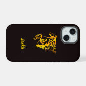 Gouden vlam paard met aangepaste naam iPhone 15 case (Achterkant horizontaal)