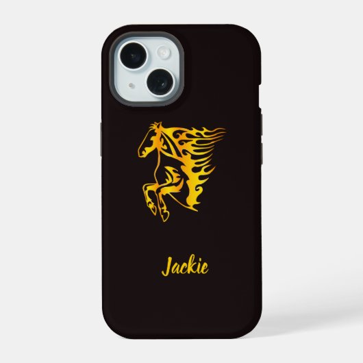 Gouden vlam paard met aangepaste naam iPhone 15 case (Achterkant)