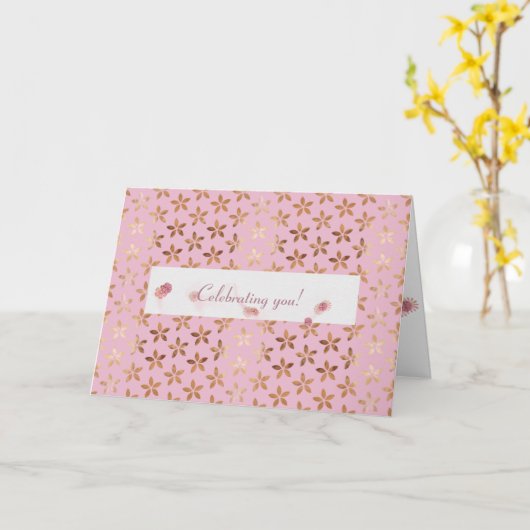 gouden vleermuis op roze verjaardag kaart (Gele Bloem)