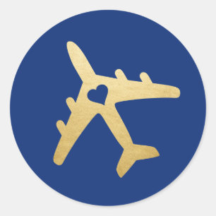 Gouden vliegtuig hart reis thema BEWERKBARE KLEUR Ronde Sticker