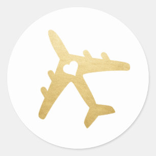 Gouden vliegtuig hart reisbestemming bruiloft ronde sticker