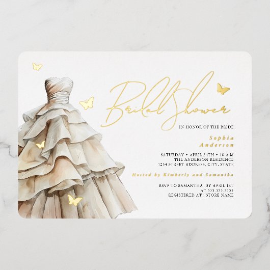 Gouden Vlinder Beige Trouwjurk Vrijgezellenfeest Folie Uitnodiging (Voorkant)